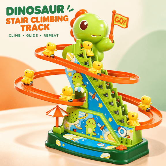 Aiifurss Dinosaur Climbing Stairs Toy with 6 Mini Dinosaur Cars, Automatic Electric Roller Coaster Track Slide Playset with Lights and Music, Birthday Christmas Gifts for Kids