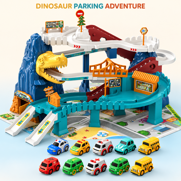 Aiifurss Dinosaur Race Track Playset with 10 Mini Cars and Music, Multi-Level Parking Garage Adventure Car Ramp Toy Set, Birthday Christmas Gift for Kids