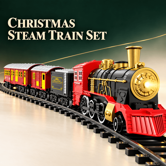 Aiifurss Rechargeable Electric Train Set with Smoke, Light and Sound, Steam Locomotive and 3 Cars, 16-Piece Track, Christmas Tree Toy Train Gift for Kids