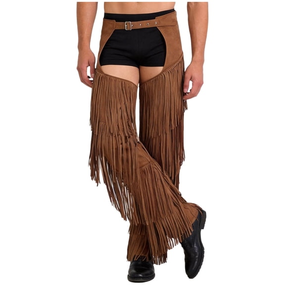 Aiihoo Adults Men Women Western Cowboy Pants Layered Fringe Western Motorcycle Pants Raves for Carnival Dark Brown M