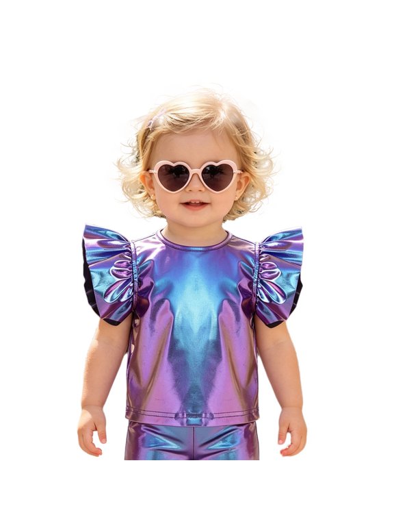 Baby Metallic Shirts Party Tops Shiny Flutter Sleeve Blouses Basic Tee Performance Stage Shirt Blue 3T