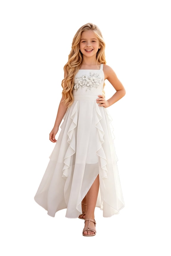 Children Flower Girls Dress Embroidery Applique Ruffled Sling Dress Elegant Chiffon Princess Birthday Formal Wedding Party Ivory 10