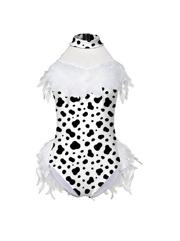 Girls Ballet Unitards for Gymnastics Dance Feather Skirted Leotards Leopard Dalmatian Print Bodysuit White 4