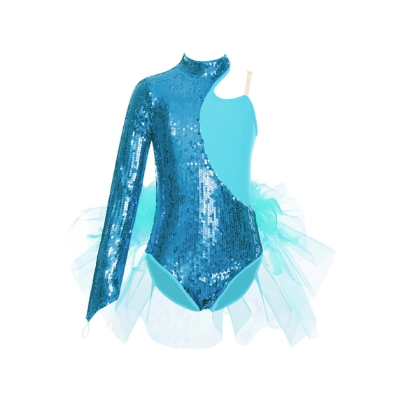 Aiihoo Girls Feather Trim Dance Bodysuit Sparkly Sequined Leotard Asymmetrical Shoulder Long Sleeve Recital Dress Blue Green 6