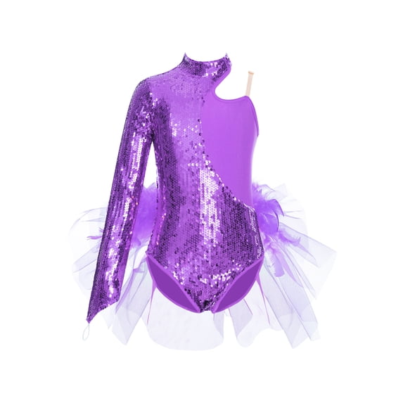 Aiihoo Girls Feather Trim Dance Bodysuit Sparkly Sequined Leotard Asymmetrical Shoulder Long Sleeve Recital Dress Purple 16