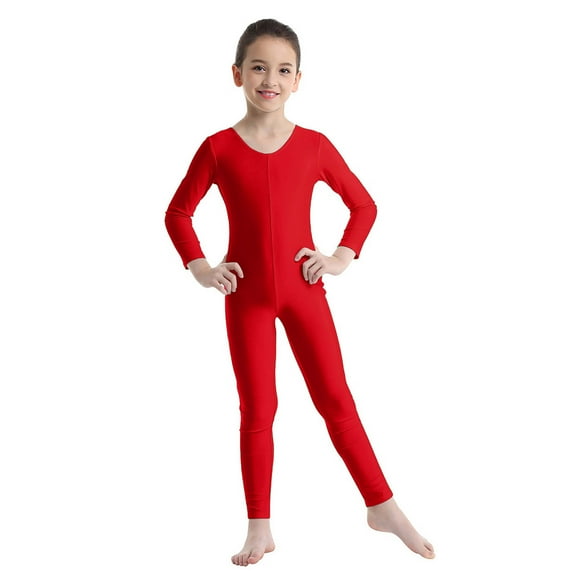 Aiihoo Girls Gymnastics Leotard Ballet Dance One Piece Jumpsuit Full Length Bodysuit Long Sleeve Zentai Suit Red 3-4