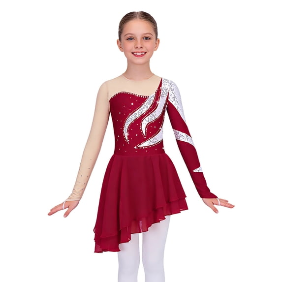 Aiihoo Girls Hollow Back Ballet Dance Dress Kids Long Sleeve Shiny Sequins Figure Skating Dance Leotard Dress Burgundy 16