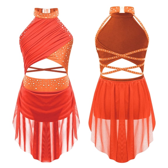 Aiihoo Girls Lyrical Dance Dress Sleeveless Backless Leotard Dress Sparkle Modern Dancing Dress Fluorescent Orange 16
