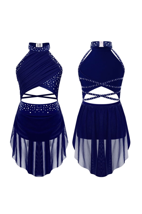 Girls Lyrical Dance Dress Sleeveless Backless Leotard Dress Sparkle Modern Dancing Dress Navy Blue 6