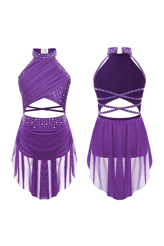 Girls Lyrical Dance Dress Sleeveless Backless Leotard Dress Sparkle Modern Dancing Dress Purple 6
