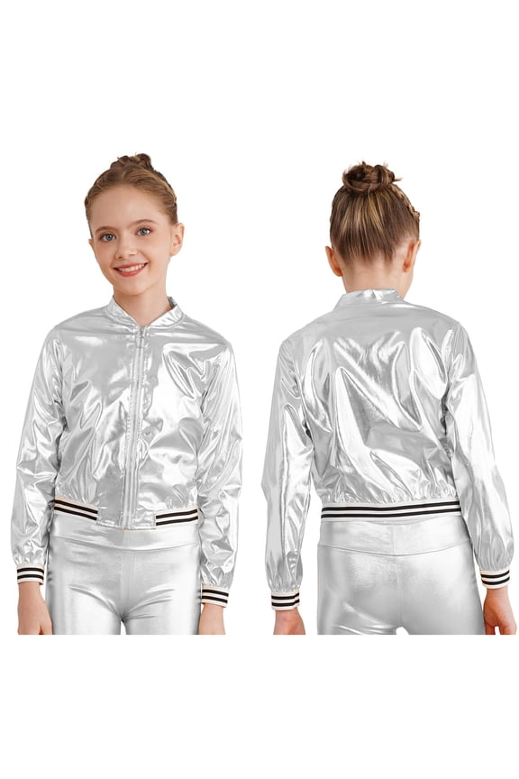 Girls Metallic Bomber Jacket Sparkly Dance Long Sleeve Top Hip Hop Jazz Disco Performance Outerwear Silver 16