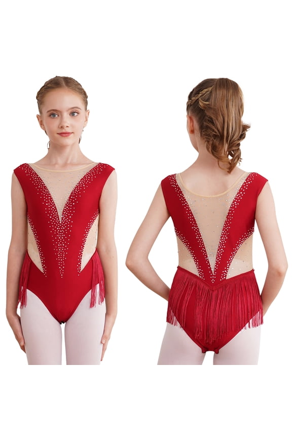 Girls Rhythmic Gymnastics Leotard Dress Tassel Figure Skating Dress Competition Dancewear Burgundy 6