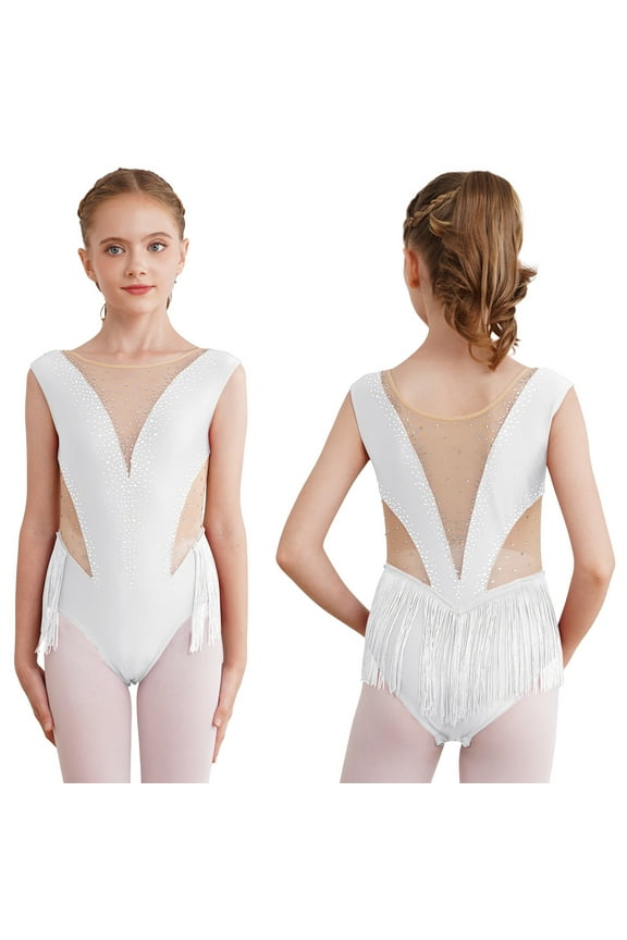 Girls Rhythmic Gymnastics Leotard Dress Tassel Figure Skating Dress Competition Dancewear White 6