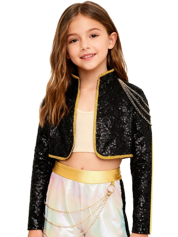 Girls Sequin Singer Jacket Long Sleeve Open Front Concert Party Dance Tops Kids Sparkly Cropped Stage Clothes Black 6