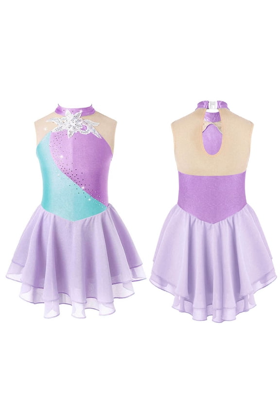 Girls Sequins Floral Sleeveless Figure Ice Skating Dress Gymnastics Leotard Ballet Dance Dress Lavender 10