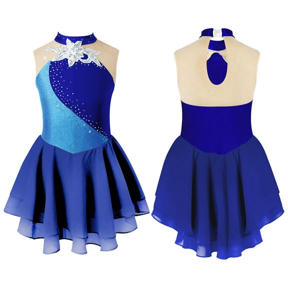 Aiihoo Girls Sequins Floral Sleeveless Figure Ice Skating Dress Gymnastics Leotard Ballet Dance Dress Navy Blue 10