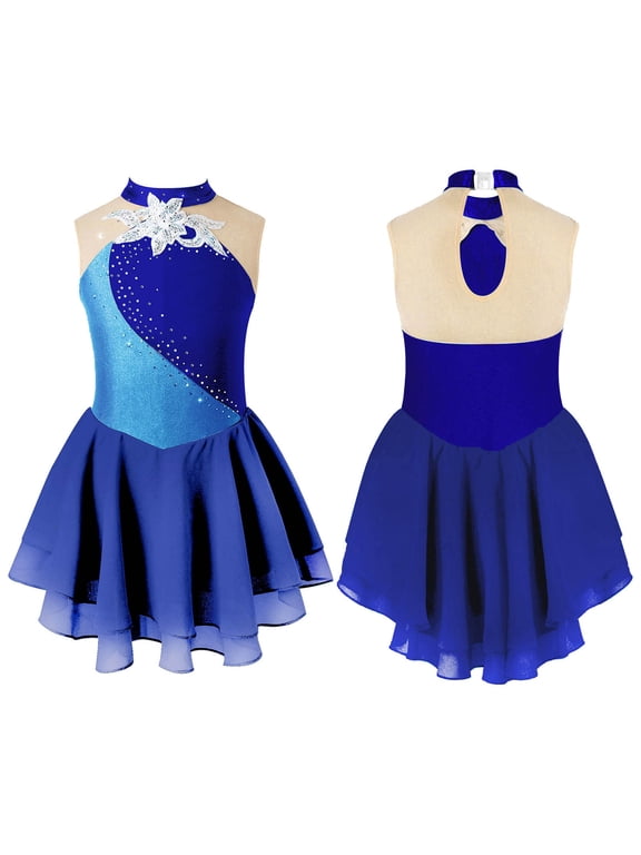 Girls Sequins Floral Sleeveless Figure Ice Skating Dress Gymnastics Leotard Ballet Dance Dress Navy Blue 8