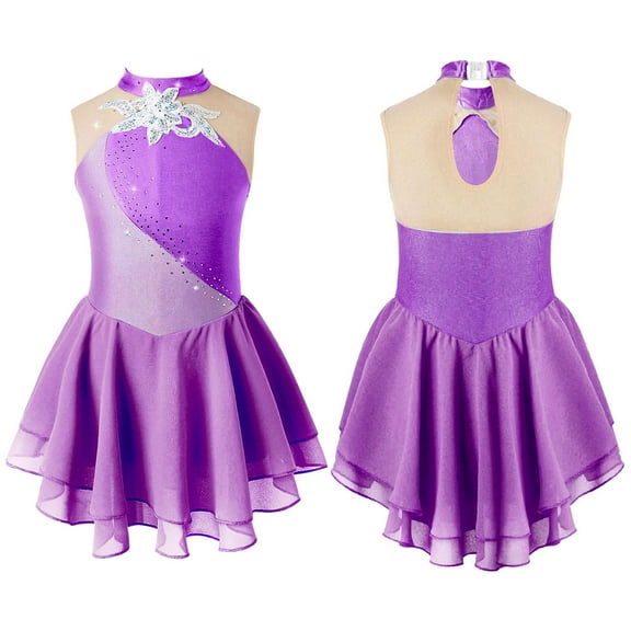 Aiihoo Girls Sequins Floral Sleeveless Figure Ice Skating Dress Gymnastics Leotard Ballet Dance Dress Purple 10