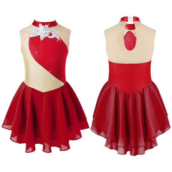 Aiihoo Girls Sequins Floral Sleeveless Figure Ice Skating Dress Gymnastics Leotard Ballet Dance Dress Red 12