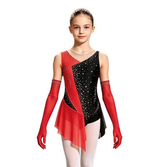 Aiihoo Girls Shiny Rhinestone Mesh Figure Skating Bodysuit Dress with Gloves Ballet Gymnastics Acrobatics Lyrical Dance Latin Dress Red 6