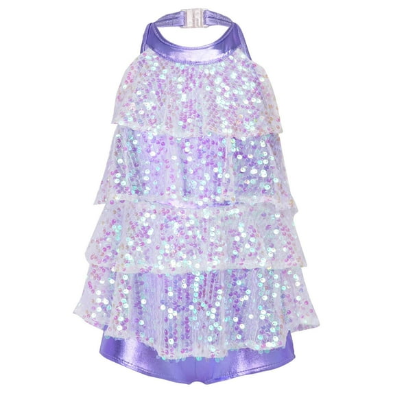Aiihoo Girls Shiny Sequin Halter Tops Ballet Latin Dance Tops Gymnastics Leotard Hip Hop Jazz Unitards Bodysuit Lavender 16
