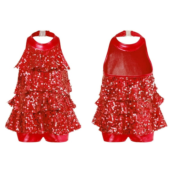 Aiihoo Girls Shiny Sequin Halter Tops Ballet Latin Dance Tops Gymnastics Leotard Hip Hop Jazz Unitards Bodysuit Red 10