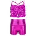 thumbnail image 1 of Aiihoo Girls Skirt Suit Latin Jazz Dance Outfit Sets Modern Dancewear Tiered Ruffles Metallic Crop Top with Shorts Set Hot Pink 8, 1 of 6