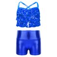 thumbnail image 1 of Aiihoo Girls Skirt Suit Latin Jazz Dance Outfit Sets Modern Dancewear Tiered Ruffles Metallic Crop Top with Shorts Set Royal Blue 8, 1 of 6