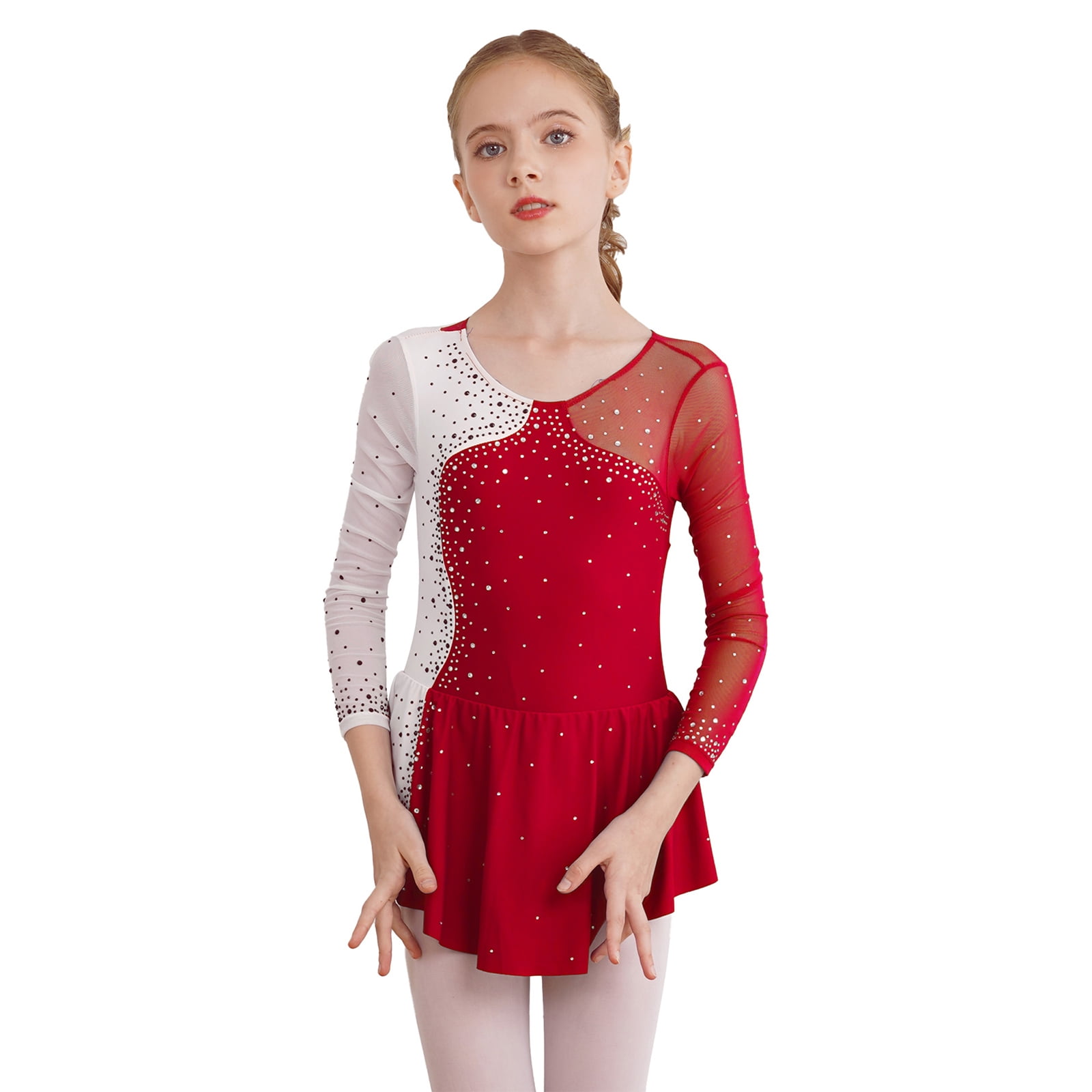 Justaucorps De Danse Patinage Artistique Pour Fille - Broderie Strass, Manches Longues, Tissu Mesh