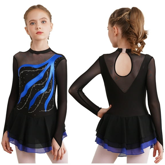 Aiihoo Girls Sparkly Figure Ice Skating Leotards Dress Long Sleeve Gymnastics Ballet Dance Tutu Dress Royal Blue 6