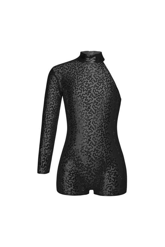 Girls Sparkly Long Sleeve Ballet Dance Unitard Athletic Gymnastics Leotard Shorts Jumpsuit Dancewear Black 16
