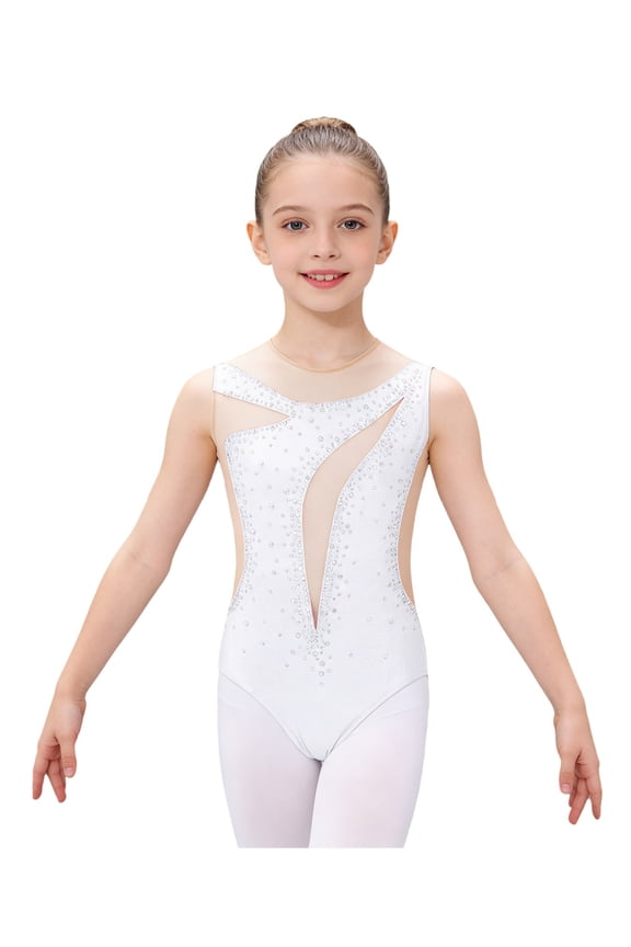 Kid Girls Rhinestone Ballet Dance Leotard Jersey Diamond Sparkly Figure Skating Sleeveless Sheer Mesh Bodysuit Dancewear White 16