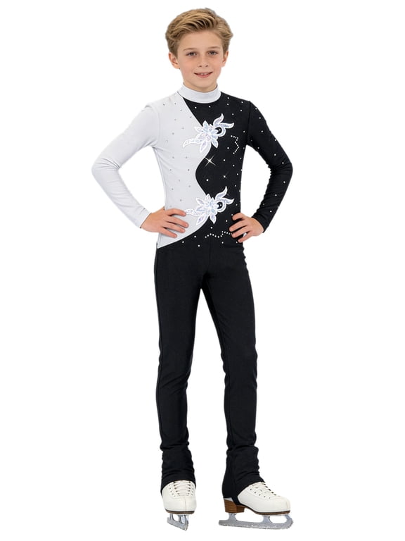 Kids Boys Figure Skating Ballet Gymnastics Leotard Long Sleeve Rhinestone Sequin Applique Jumpsuit for Jazz Latin Modern Dance White 14