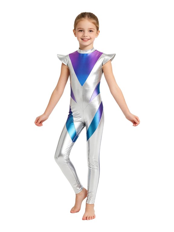 Kids Boys Girls Alien Robot Astronaut Space Cadet Fly Sleeve Metallic Shiny Jumpsuit for Theme Party Carnival Silver 6