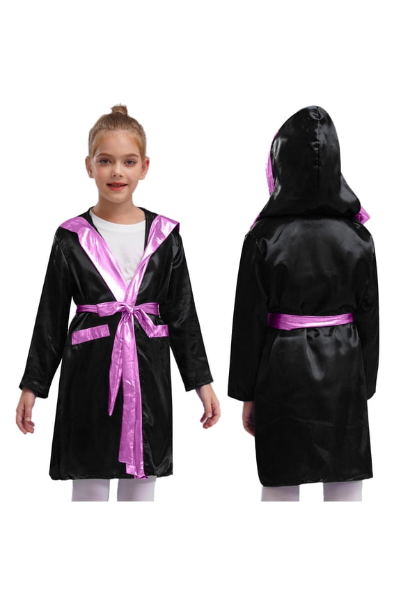 Kids Boys Girls Boxing Robe Satin Hooded Boxer Cloak Long Sleeve Robe Cloak Cape Black&Pink 10