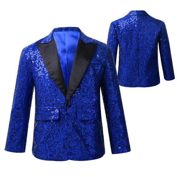 Aiihoo Kids Boys Notch Lapel Shiny Sequins One Button Tuxedo Blazer for Wedding Graduation Prom Blue 12