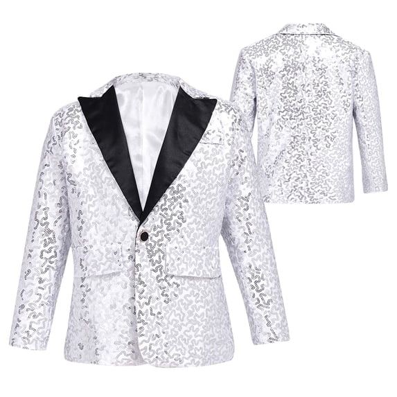 Aiihoo Kids Boys Notch Lapel Shiny Sequins One Button Tuxedo Blazer for Wedding Graduation Prom Silver 8