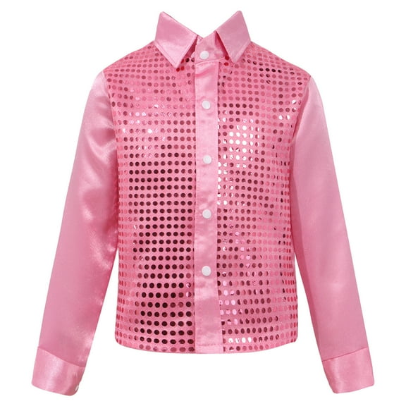 Aiihoo Kids Boys Sparkly Sequins Jacket Long Sleeves Outerwear Jazz Hip Hop Dance Performance Top Shirt Pink 10-12