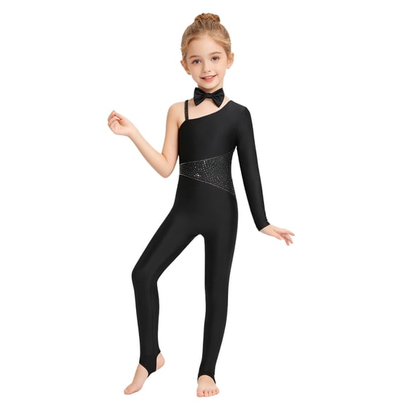 Aiihoo Kids Cat Outfit Set Shiny Rhinestones Jumpsuit with Tail Dancewear Single Long Sleeve Unitards Black 6