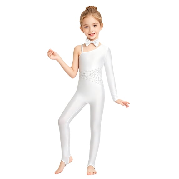 Aiihoo Kids Cat Outfit Set Shiny Rhinestones Jumpsuit with Tail Dancewear Single Long Sleeve Unitards Ivory 6