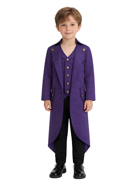Kids Fake Two Piece Tailcoat Retro Gold Buttons Solid Color Victorian Jacket Purple 16