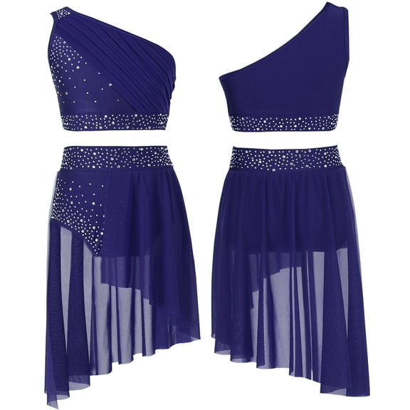 Aiihoo Kids Girls Ballet Dance Dress Gymnastics Contemporary Lyrical Modern Crop Top with Shorts Skirts Navy Blue 10