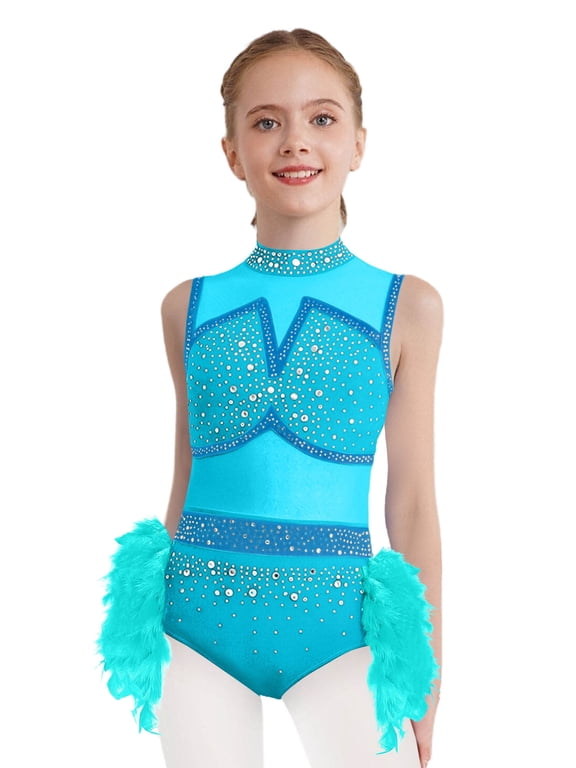 Kids Girls Ballet Dance Leotard Dress Figure Skating Gymnastics Jersey Sleeveless Cutout Back Feather Tutu Skirt Blue Green 6