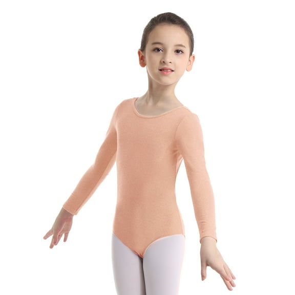 Aiihoo Kids Girls Ballet Dancer Gymnastics Leotard Long Sleeve Ballet Bodysuit Plain Dance Unitard Training Top Apricot 8