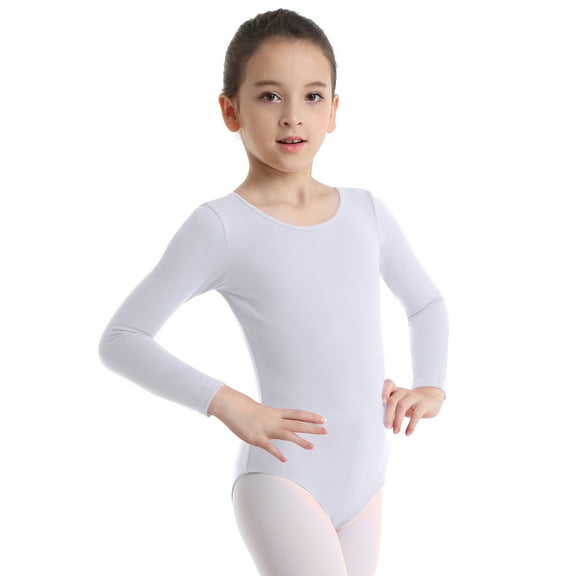 Aiihoo Kids Girls Ballet Dancer Gymnastics Leotard Long Sleeve Ballet Bodysuit Plain Dance Unitard Training Top White 3