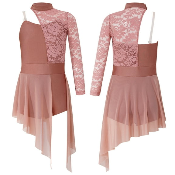 Aiihoo Kids Girls Ballet Lyrical Dance Dress Modern Contemporary One Shoulder Long Sleeve Maxi Dress Dusty Pink 6