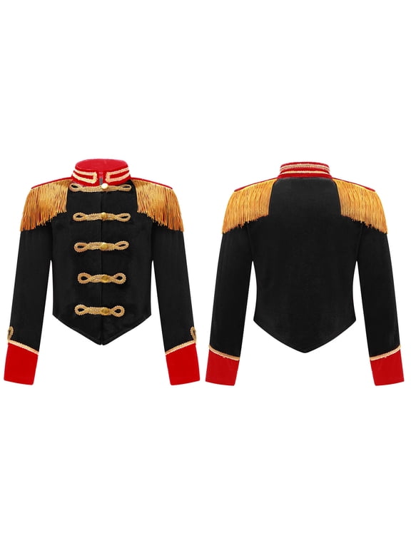 Kids Girls Boys Drum Major Outfit Marching Band Uniform Tassel Circus Ringmaster Style Jacket Coat Black 14