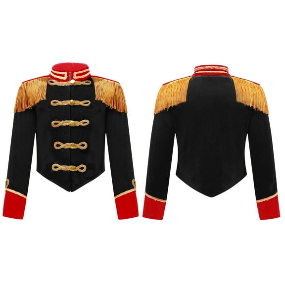 Aiihoo Kids Girls Boys Drum Major Outfit Marching Band Uniform Tassel Circus Ringmaster Style Jacket Coat Black 16