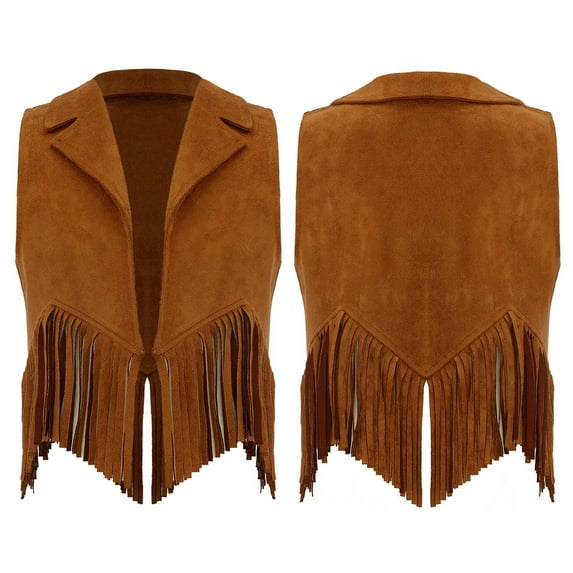 Aiihoo Kids Girls Boys Western Cowboy Cowgirl Vest Suede Leather Open Front Tassels Fringe Vest Coat Brown 16