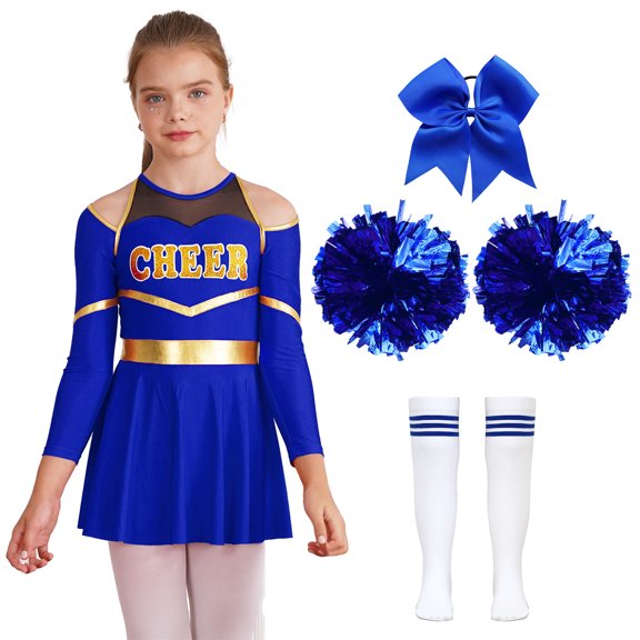 Aiihoo Kids Girls Cheerleading Dress Cheer Leader Suit Long Sleeve Dance Leotard Dress with Stocking A Blue 12
